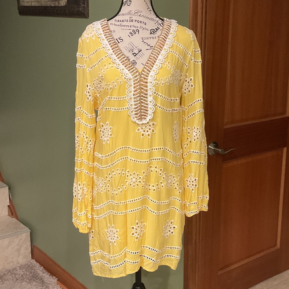 Boston Proper Yellow Long Sleeve Embroidered Dress